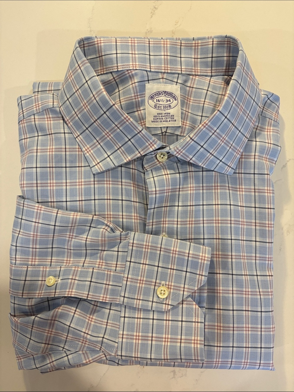 Brooks Brothers Light Blue  Plaid Dress Shirt Cotton 16 1/2